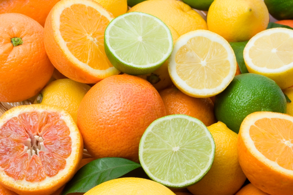 Winter fruits such as oranges, limes, and lemons