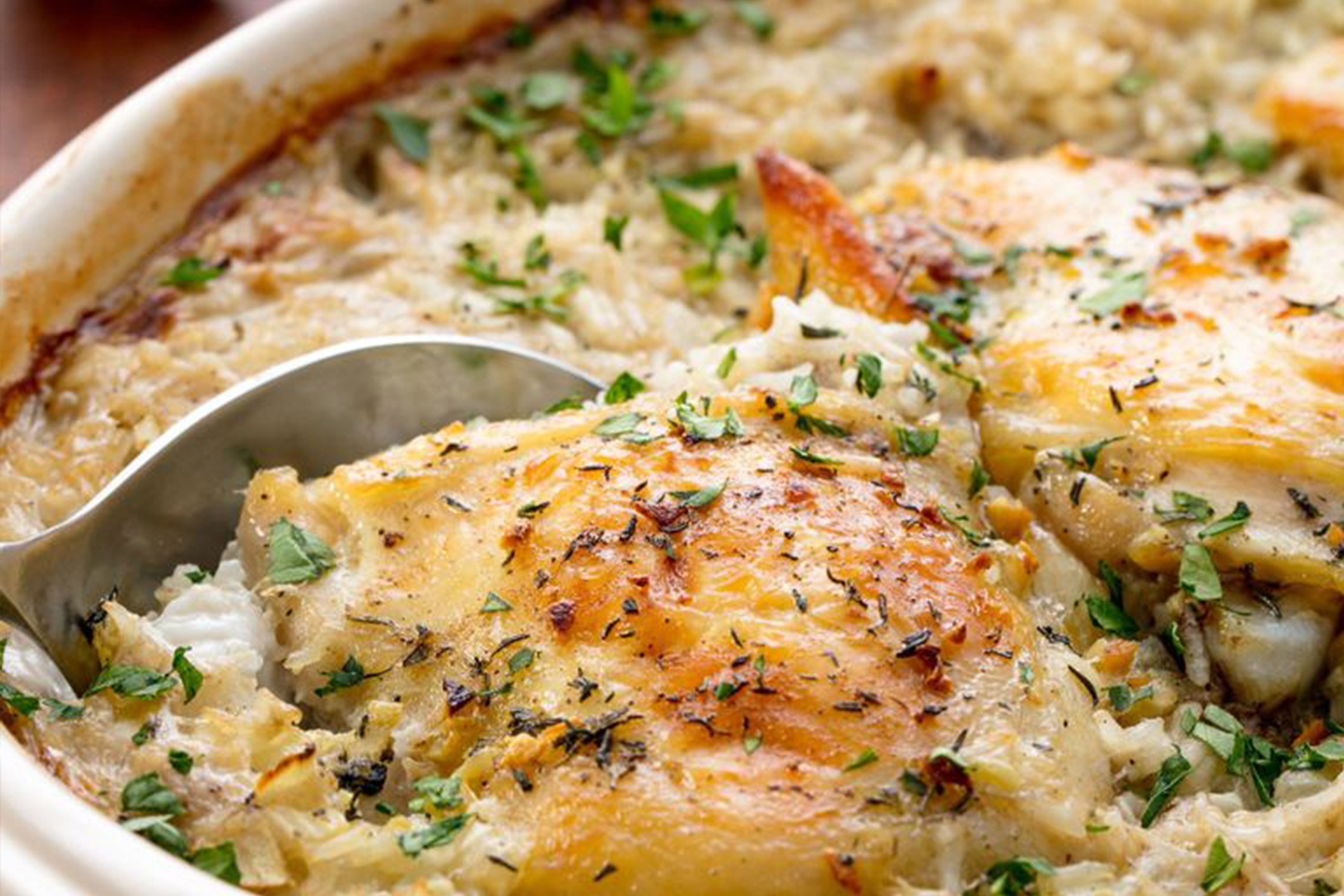Our Easy Chicken and Rice Casserole fresh out of the oven and ready to serve in minutes