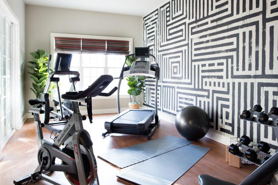 Aerobic workout equipment set up in a home workout space.