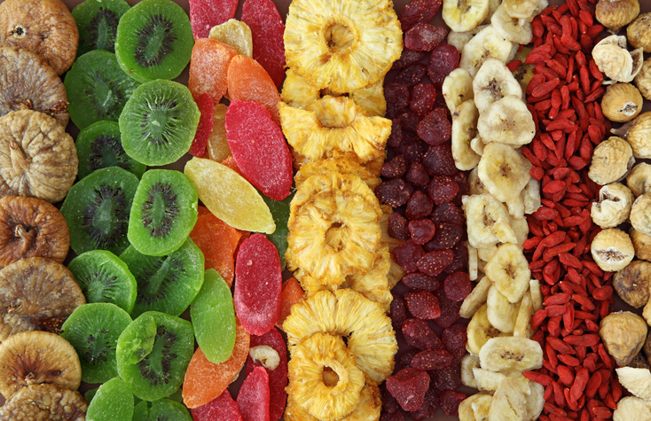 Lines of healthy dried fruits. 7 Healthy Travel Snacks
